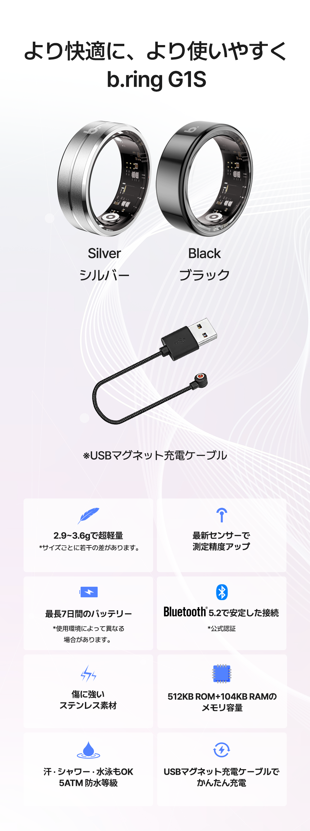 b.ring G1S スマートリングの仕様一覧。シルバー・ブラックの2色展開、USBマグネット充電ケーブル、超軽量2.9〜3.6g、最長7日間バッテリー、Bluetooth5.2、傷に強いステンレス素材、5ATM防水を紹介する説明画像