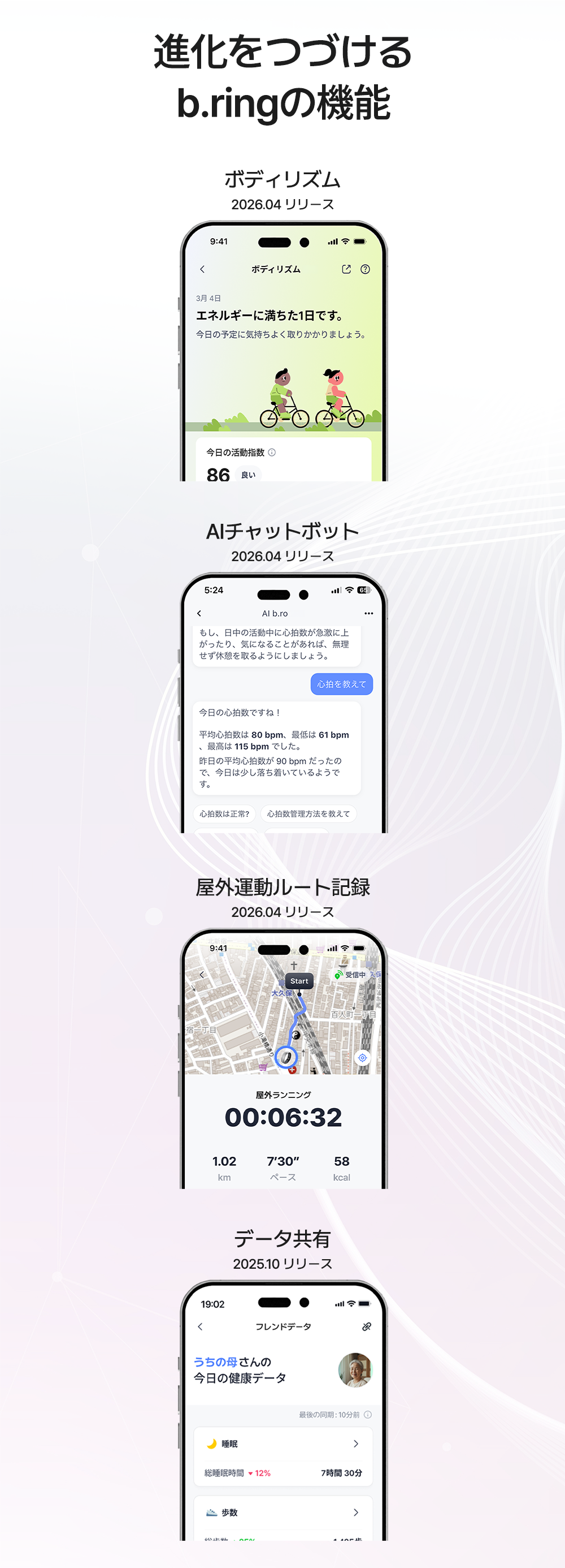 b.ringの機能紹介画像。ボディリズム・AIチャットボット「AI b.ro」(心拍数平均80bpm等を回答)・屋外運動ルート記録・データ共有(2025年10月〜2026年4月リリース)の4機能をアプリ画面で紹介
