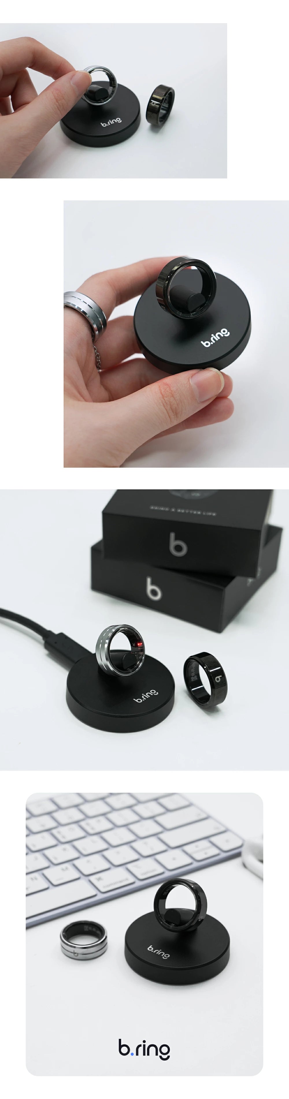 充電スタンドの使用シーンコラージュ。手に持つ様子、パッケージ箱との組み合わせ、デスク上での使用例など4カットを掲載