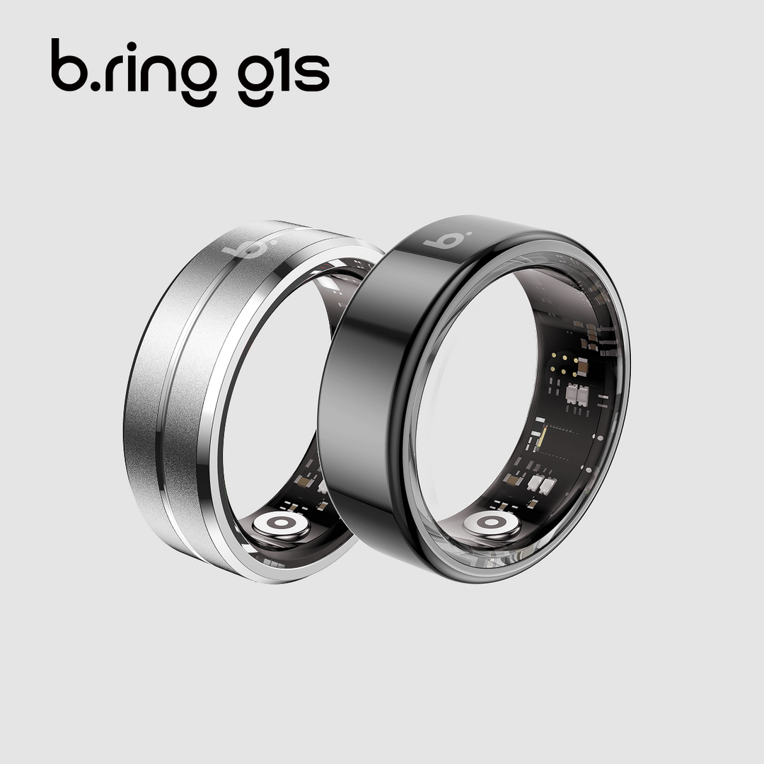 b.ring G1Sスマートリングのシルバーとブラック2色を並べた商品写真。リング内側に心拍センサーと基板が見える