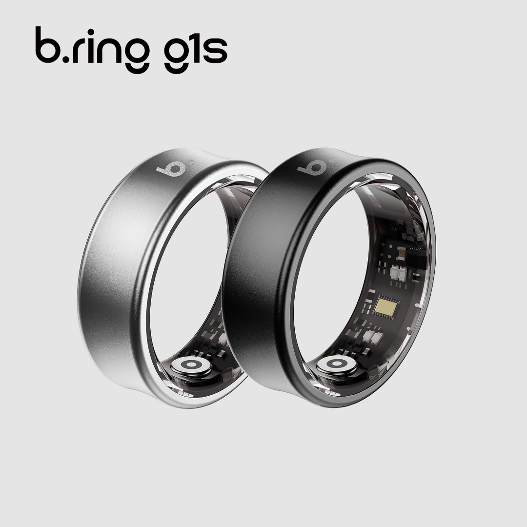 b.ring G1Sチタンモデルのシルバーとブラック2色を並べた商品写真。リング内側のセンサー基板が見える