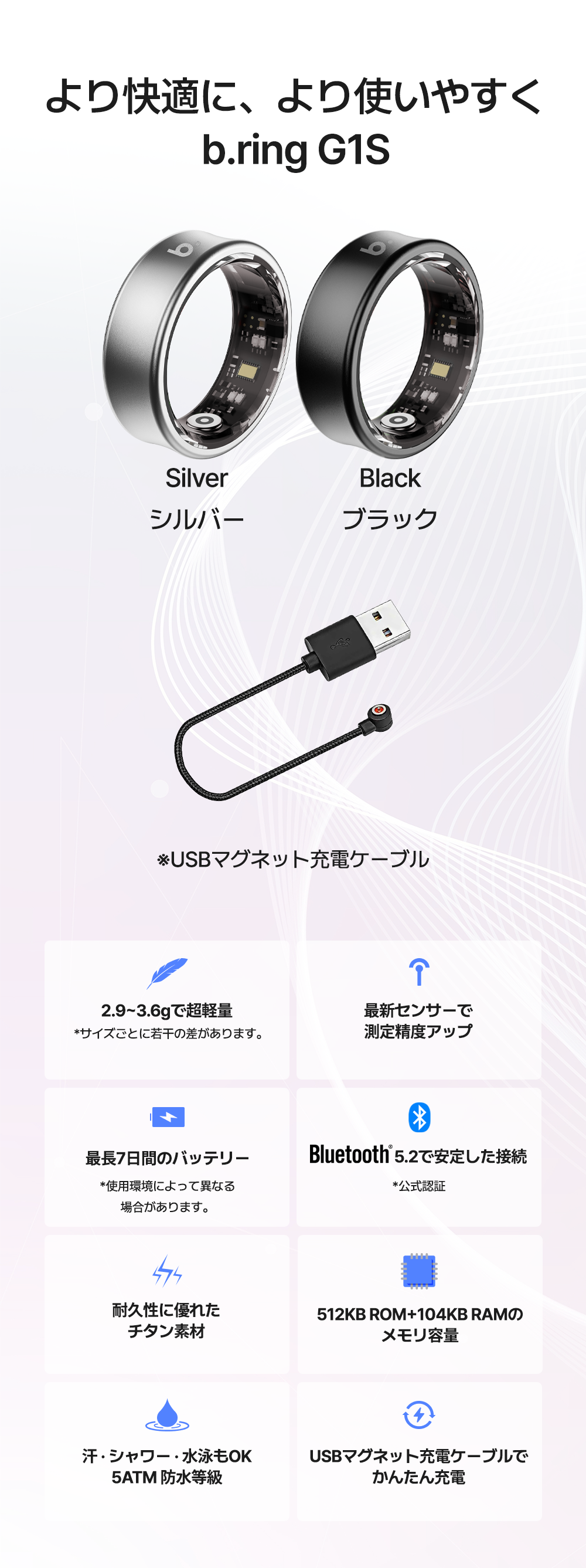 b.ring G1Sのシルバー・ブラック2色とUSBマグネット充電ケーブルの写真。2.9~3.6gの超軽量、最長7日間バッテリー、Bluetooth5.2、耐久性に優れたチタン素材、512KB ROM+104KB RAMメモリ、5ATM防水を紹介する説明画像
