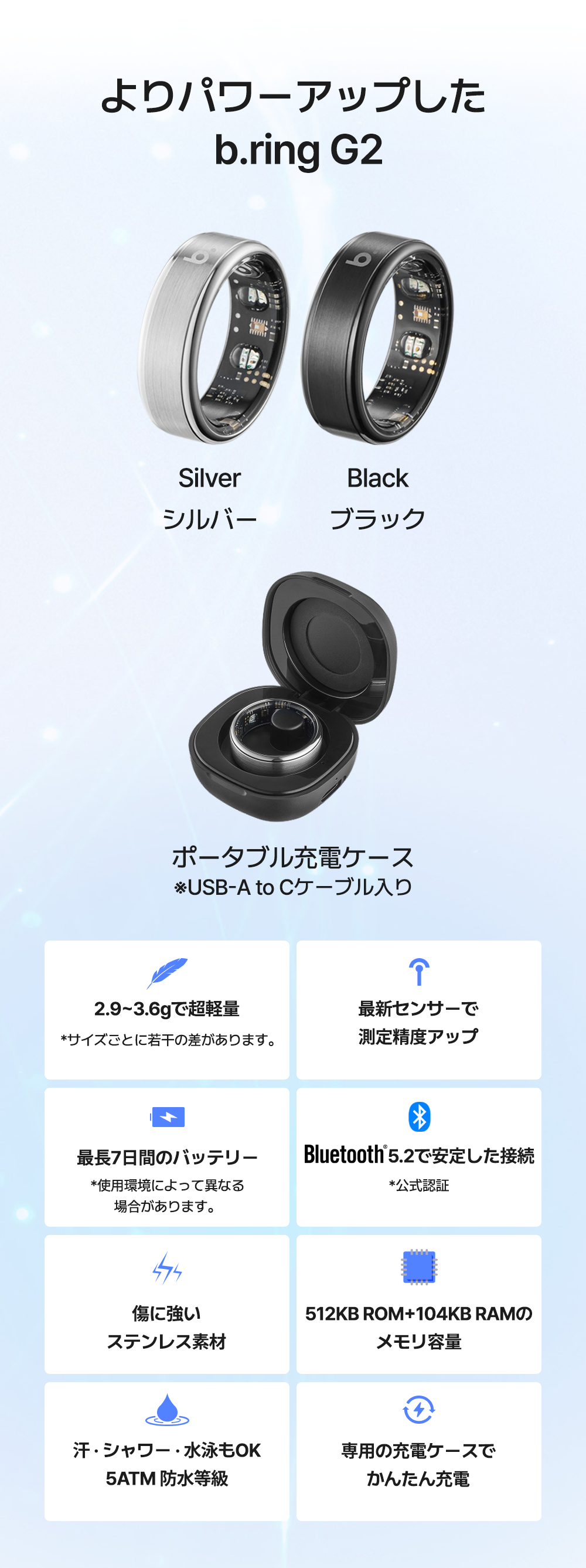 b.ring G2のシルバー・ブラック2色のリングとポータブル充電ケースの写真、2.9〜3.6gの超軽量、最長7日間バッテリー、Bluetooth5.2、傷に強いステンレス素材、512KB ROM+104KB RAM、5ATM防水を紹介する仕様一覧画像