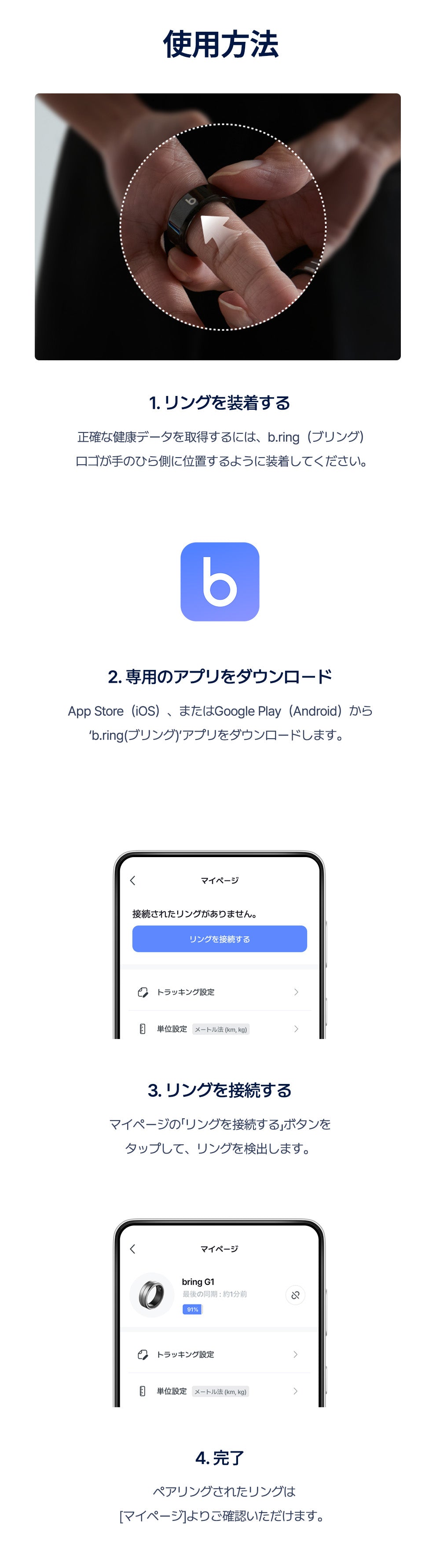 b.ringの使用方法を4ステップで紹介する説明画像。リング装着(ロゴを手のひら側に)、専用アプリのダウンロード(App Store/Google Play)、リングの接続、ペアリング完了の画面